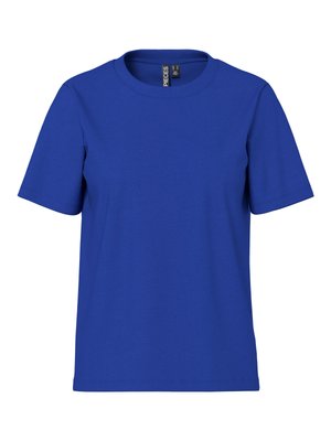 Plain royal blue short-sleeve crew neck t-shirt, casual fit with visible clothing labels inside neckline.
