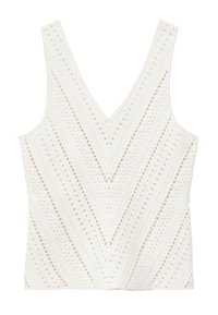 Débardeur blanc en crochet sans manches avec un col en V et un motif rayé diagonal en maille ajourée.