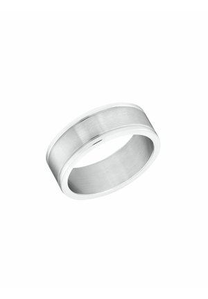 Polished silver ring with a brushed finish and a sleek design, displayed on a white background.