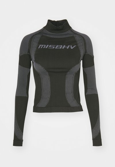 Black long-sleeve performance top featuring a high neck, stretch fabric, and contrasting gray line patterns with "MISBHV" logo on the front.