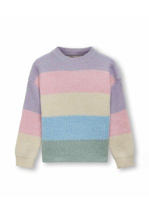 Wielokolorowy sweter dzianinowy z poziomymi paskami w lawendowym, różowym, kremowym, jasnoniebieskim i zielonym kolorze. Prążkowana struktura i okrągły dekolt.