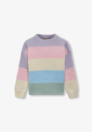 Mitmevärviline kudumisega sviiter, millel on horisontaalsed triibud lavendli, roosa, kreemi, helesinise ja rohelise värviga. Ribakujuline tekstuur ja ümmargune kaelus.