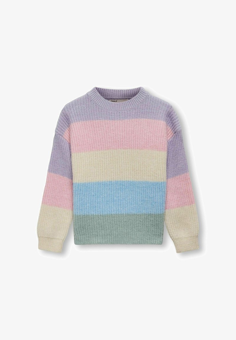 Mehrfarbiger Strickpullover mit horizontalen Streifen in Lavendel, Rosa, Creme, Hellblau und Grün. Gerippte Textur und runder Ausschnitt.