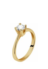 Goldring mit einem glatten, abgerundeten Band und einer erhöhten Fassung mit sechs Krappen, die einen klaren, runden Edelstein an der Spitze hält.