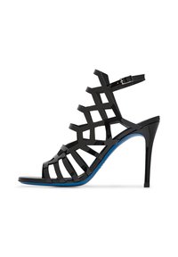 Sandalo alto nero con tacco, design a rete con fasce, finitura lucida, cinturino regolabile alla caviglia e suola blu. Forma elegante e con punta aperta.