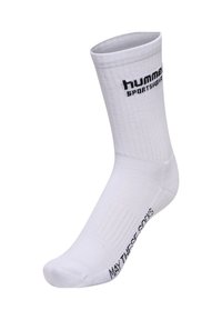 Hvid atletisk sok med ribbet struktur, prydet med "hummel SPORTSWEAR" logo i sort, og teksten "MAY THESE SONS" langs siden.