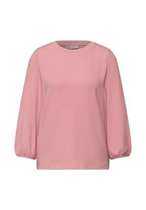 Pink long-sleeve top made from soft fabric featuring a classic crew neck and gathered sleeves with a relaxed fit.