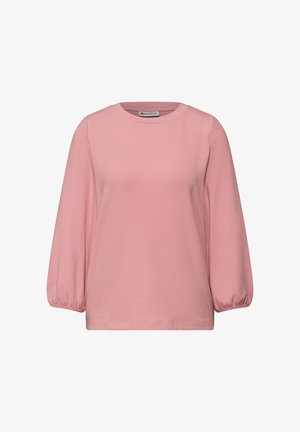 Różowy, długi rękaw top wykonany z miękkiej tkaniny, z klasycznym okrągłym dekoltem i marszczonymi rękawami oraz luźnym krojem.