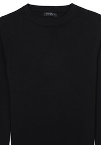 Pullover nero realizzato in tessuto a maglia liscia, con scollatura rotonda e maniche lunghe. Etichetta che riporta "CALLIOPE" e taglia "S."
