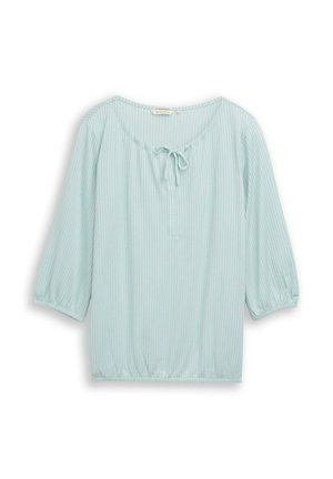 Hellblaue Bluse mit Streifen, dreiviertel Ärmeln, elastischem Saum, rundem Ausschnitt und vorderem Knoten-Detail.