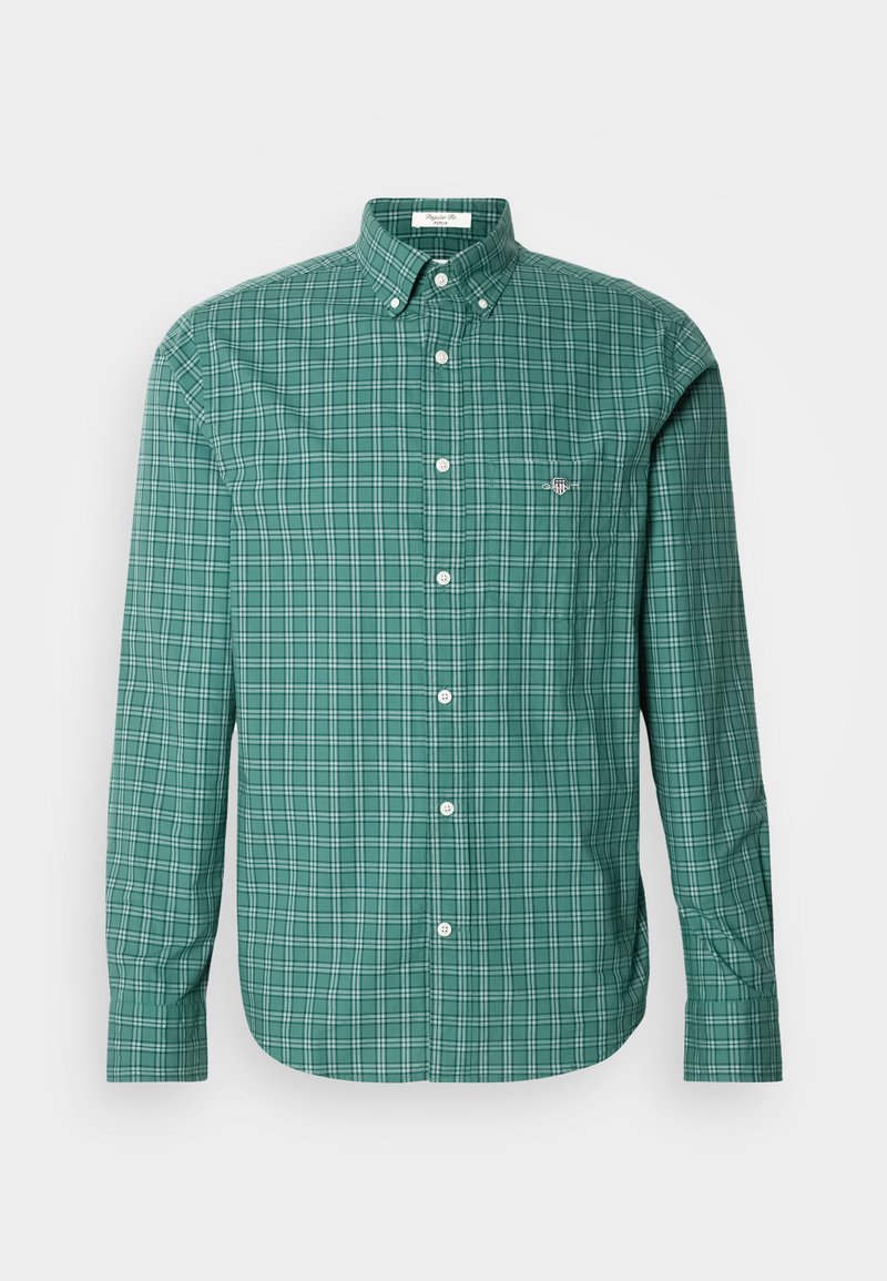 Green plaid button-up shirt with long sleeves, featuring a collar, white buttons, and a small logo on the chest. Cotton fabric.