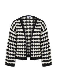 Zwart-witte cardigan met ruitpatroon, open voorkant, lange mouwen en geribbelde manchetten. Gebreide textuur met een losse pasvorm.
