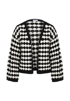 Schwarz-weiße Strickjacke mit Rautenmuster, offenem Vorderteil, langen Ärmeln und gerippten Bündchen. Gestrickte Textur mit lockerem Sitz.