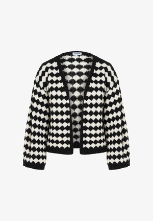 Schwarz-weiße Strickjacke mit Rautenmuster, offenem Vorderteil, langen Ärmeln und gerippten Bündchen. Gestrickte Textur mit lockerem Sitz.