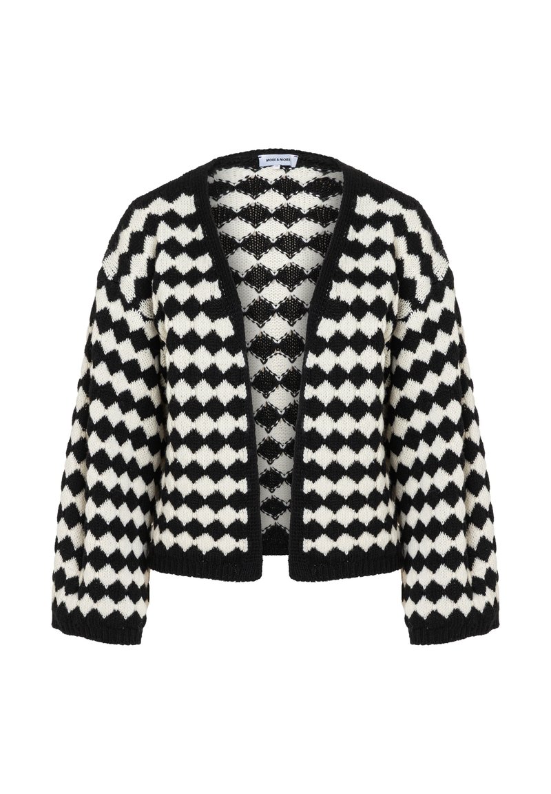 Zwart-witte cardigan met ruitpatroon, open voorkant, lange mouwen en geribbelde manchetten. Gebreide textuur met een losse pasvorm.