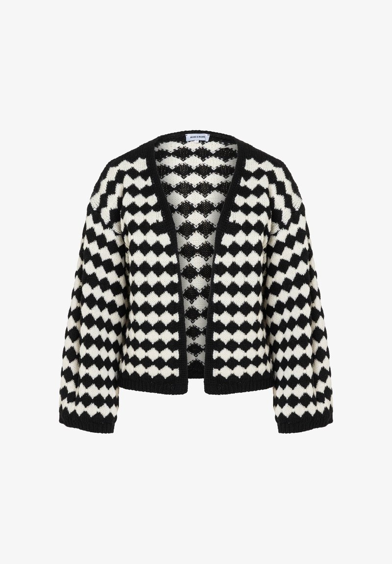 Zwart-witte cardigan met ruitpatroon, open voorkant, lange mouwen en geribbelde manchetten. Gebreide textuur met een losse pasvorm.