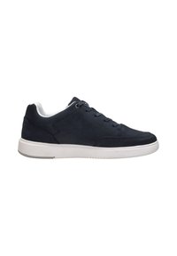 Marineblauwe sneakers met een gladde nubuck afwerking, witte rubberen zool, ronde neus en platte veters. Zachte voering rondom de kraag.