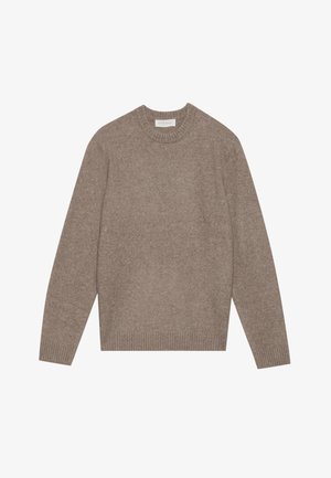 Pale rjav volnen pulover z okroglim izrezom, dolgimi rokavi ter rebrastimi manšetami in robom. Tekstura se zdi mehka in rahlo puhasta.