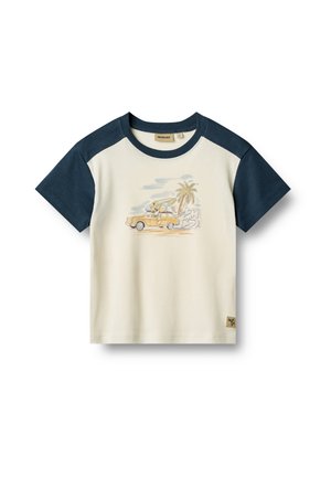 T-Shirt mit kurzen Ärmeln in Creme mit marineblauen Raglanärmeln, ausgestattet mit einem Surf-Thema-Grafik und einem genähten Label an der unteren linken Seite.