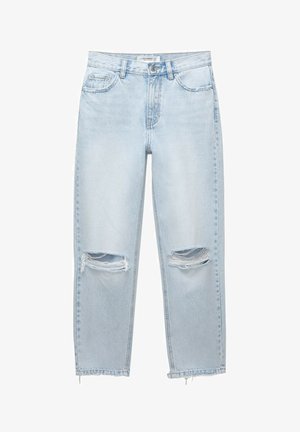 Light blue ripped jeans with a relaxed fit, featuring two distressed knee holes and a raw hem at the bottom. Denim material, five pockets.