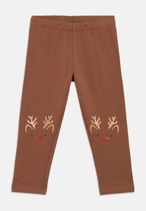 Leggings marroni per bambini con facce di renna che presentano corna scintillanti e nasi rossi stampati sulle ginocchia.