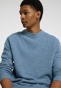 Hellblauer gestrickter Pullover mit geripptem Rundhalsausschnitt und langen Ärmeln, der eine weiche Textur und einen lässigen Schnitt aufweist.