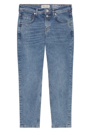 Helleblaue, abgeschnittene Jeans aus Denim mit geradem Schnitt, ausgestattet mit einem Bund mit Gürtelschlaufen, zwei vorderen Taschen und subtilen Ausbleichungen.