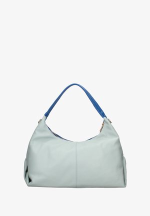 Lichtblauwe leren handtas met een gebogen vorm, voorzien van een donkerblauwe handgreep en gouden hardwareaccenten. Gladde textuur met een ritsluiting.