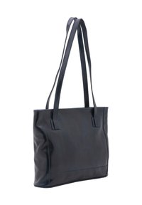 Borsa tote in pelle blu navy con due manici lunghi, forma rettangolare, texture liscia e dettagli di cucitura discreti lungo i bordi.