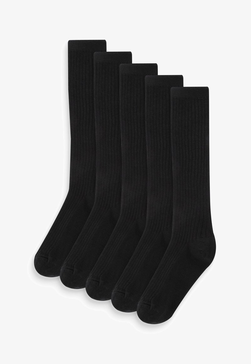 Schwarze gerippte Socken, fünf Paare, knielang, aus weichem Material, mit verstärkten Zehen- und Fersenpartien für Strapazierfähigkeit.