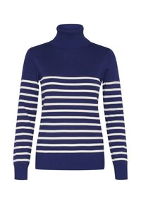 Pull Ras du Cou bleu marine avec des rayures horizontales blanches, bords-côtes aux poignets et à l'ourlet, fabriqué en matière tricotée douce.