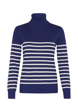 Mørkeblå højhalset sweater med hvide vandrette striber, ribbede manchetter og kant, lavet af blødt strikket materiale.