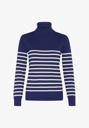 Navyblauwe coltrui met witte horizontale strepen, geribde manchetten en zoom, gemaakt van zachte gebreide stof.