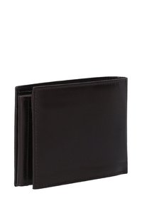 Bruin leren portemonnee met een bifold ontwerp, een gladde textuur, afgeronde hoeken en contrasterende stiksels langs de naden.
