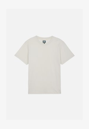 Schlichtes hellbeiges T-Shirt mit kurzen Ärmeln und Rundhalsausschnitt, flach auf weißem Hintergrund dargestellt.