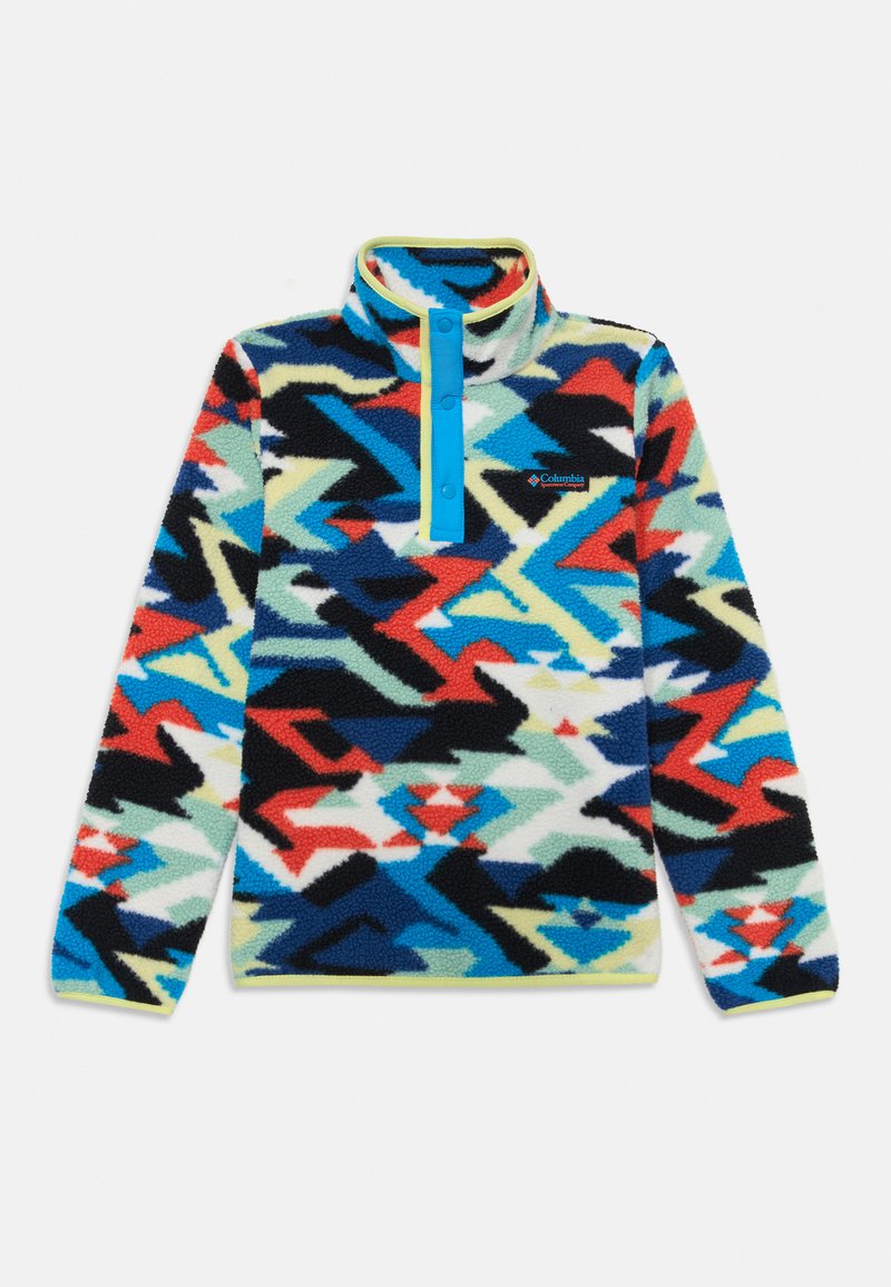 Pullover in pile con un motivo zigzag multicolore, caratterizzato da un colletto a mezza zip e una patta con bottoni blu a contrasto. Tessuto morbido e testurizzato.