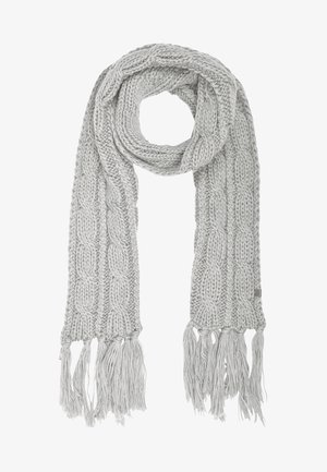 Écharpe grise en tricot présentant un motif torsadé, une texture douce et des franges aux deux extrémités. Épaisseur moyenne, adaptée aux temps froids.