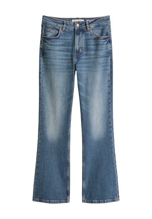 Blauwe spijkerbroek met hoge taille, subtiele vervaging op de dijen, rechte pijpen, knopen aan de voorkant en ontwerp met vijf zakken.