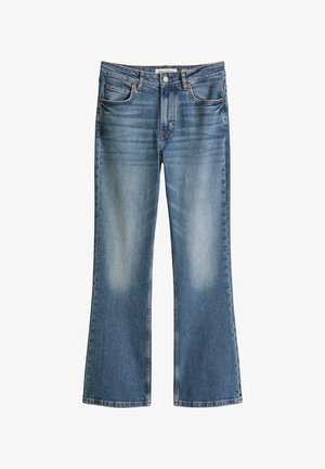 Blauwe spijkerbroek met hoge taille, subtiele vervaging op de dijen, rechte pijpen, knopen aan de voorkant en ontwerp met vijf zakken.