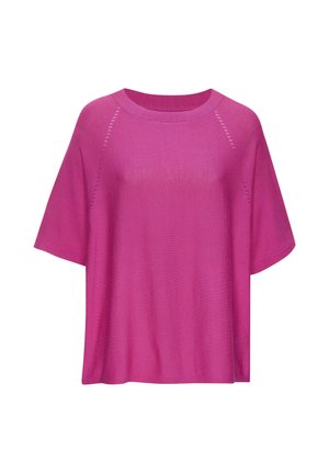 Bright pink short-sleeve knit top with wide sleeves and subtle perforated detailing along the shoulder seams.