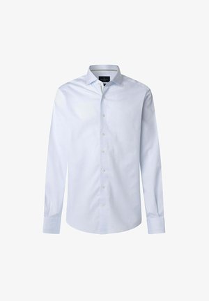 Lichtblauw overhemd met lange mouwen van een gladde stof. Heeft een standaard kraag, een voorste sluiting met knopen en een gebogen zoom.