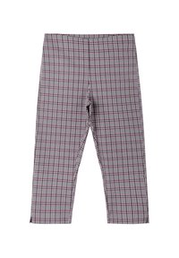 Pantalon droit avec taille élastique, présentant un petit motif à carreaux noir, blanc et rouge foncé.