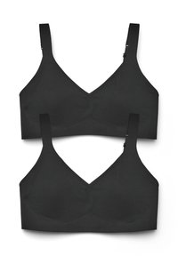 Reggiseni neri con finitura liscia, dotati di un design a scollatura a V, spalline regolabili e una linea senza cuciture. Esibiti due pezzi.