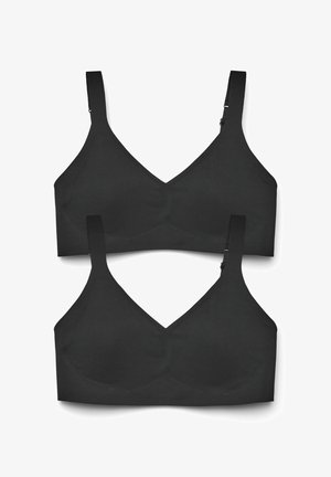 Reggiseni neri con finitura liscia, dotati di un design a scollatura a V, spalline regolabili e una linea senza cuciture. Esibiti due pezzi.