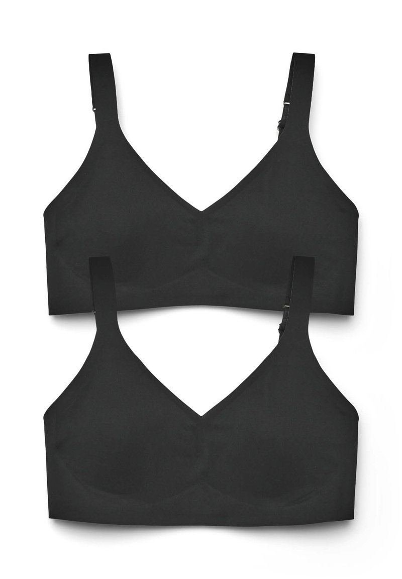 Reggiseni neri con finitura liscia, dotati di un design a scollatura a V, spalline regolabili e una linea senza cuciture. Esibiti due pezzi.