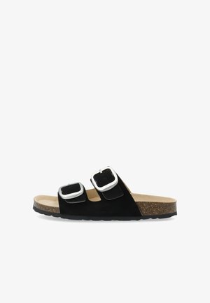Zwarte suede sandalen met twee brede banden, zilveren gespen en een tan kurken voetbed. Bevat een gestructureerde zwarte rubberen zool.