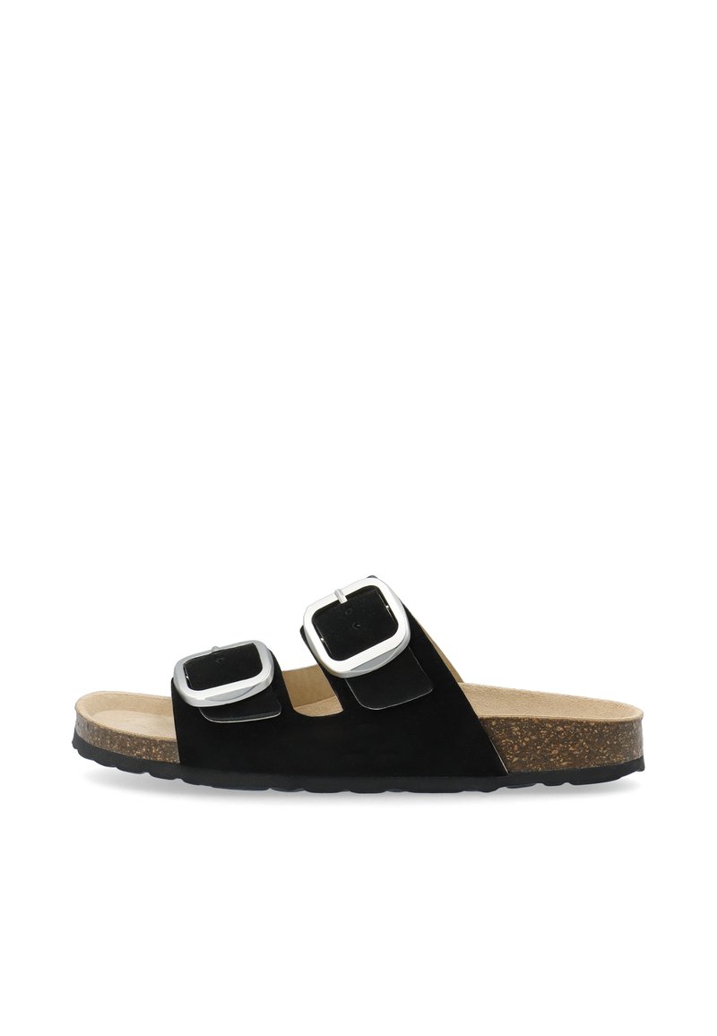 Zwarte suede sandalen met twee brede banden, zilveren gespen en een tan kurken voetbed. Bevat een gestructureerde zwarte rubberen zool.