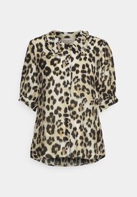 Blusa con stampa leopardata, colletto, maniche corte e chiusura a bottoni, realizzata in tessuto leggero nei toni beige, nero e marrone.