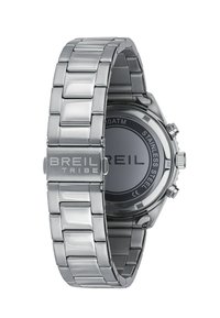 Montre en acier inoxydable avec une finition polie et mate. Comprend un cadran rond, des éléments en métal argenté et un bracelet en métal bicolore.