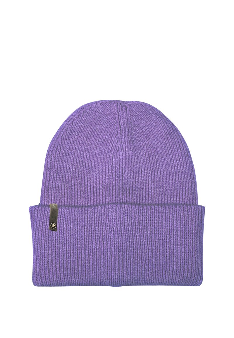 Purple knitted beanie hat with a ribbed texture and folded cuff. Features a small black tag with a logo on the side.